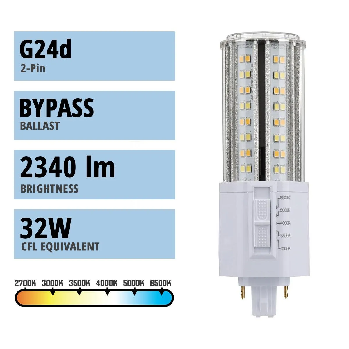 2 pin PL LED Bulb, 18W, 2340lm, 3000K to 6500K, Universal, 32W CFL Equal, G24d Base, Ballast Bypass