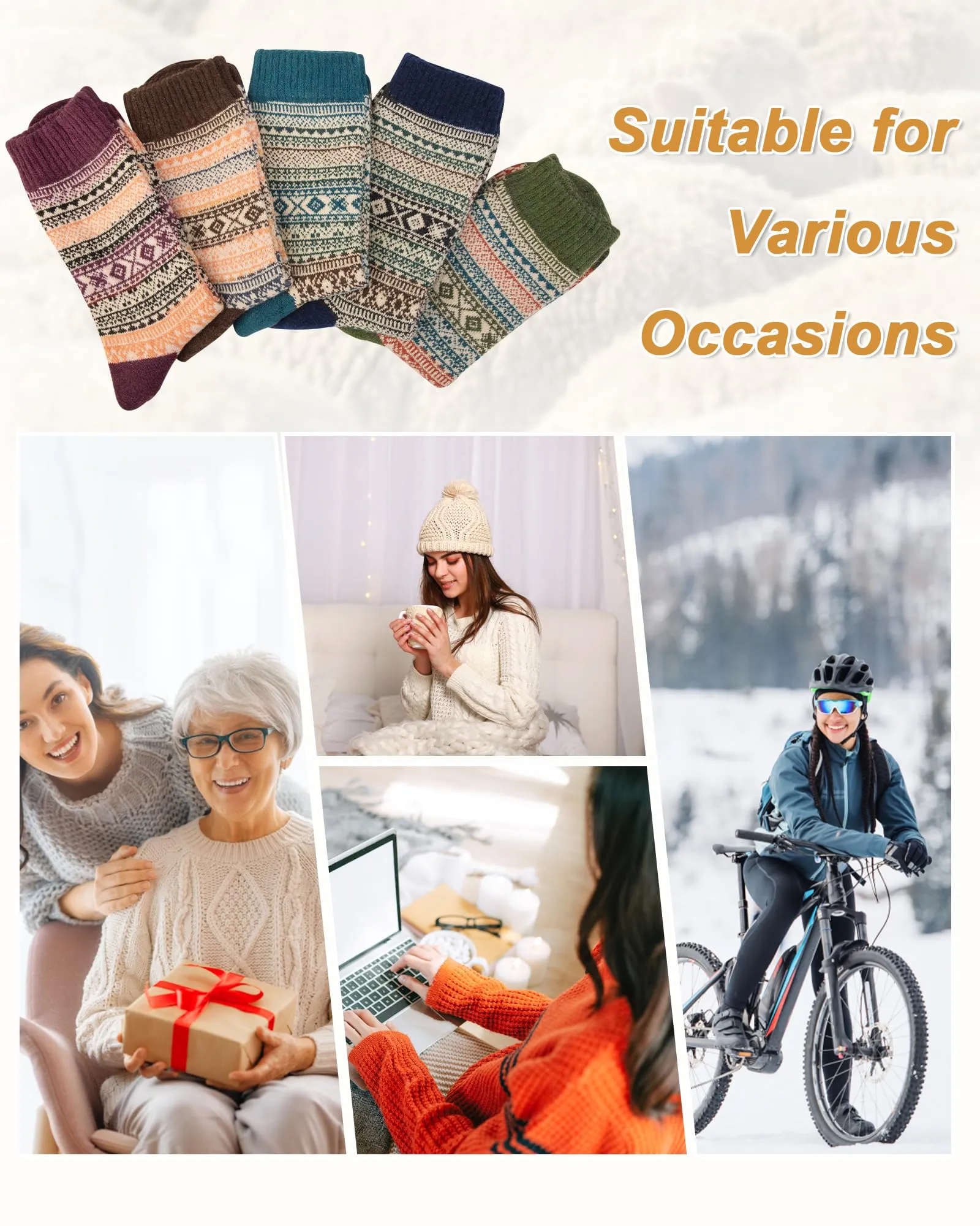 5 Pack Womens Wool Socks Winter Warm Socks Thick Knit Cabin Cozy Crew Soft Socks Hiking Athletic Socks Gifts for Women