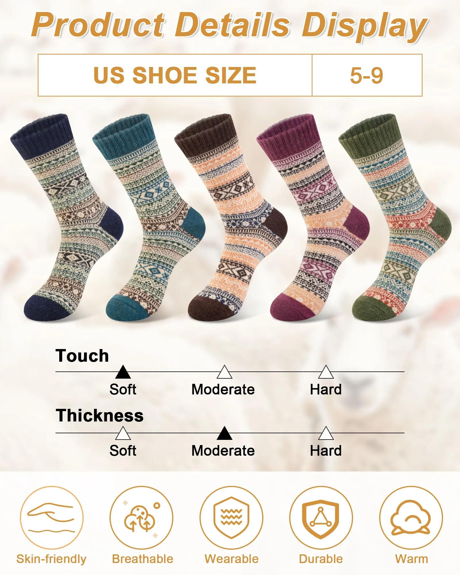 5 Pack Womens Wool Socks Winter Warm Socks Thick Knit Cabin Cozy Crew Soft Socks Hiking Athletic Socks Gifts for Women