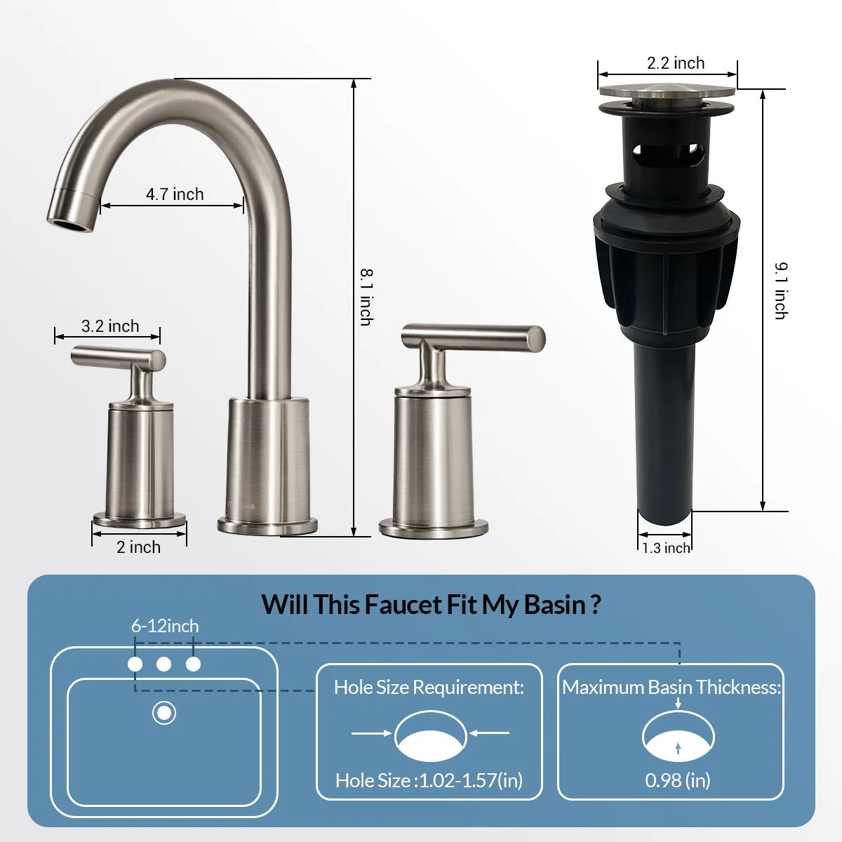 ANDY STAR  Bathroom Faucet 3 Hole, 360 Degree Swivel Spout Bathroom Sink Faucet with 2 Level Handle of Hot&Cold Water Control