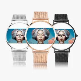 Asian woman clock face Silver grey white hair inspiration Stainless Steel Perpetual Calendar Quartz Watch