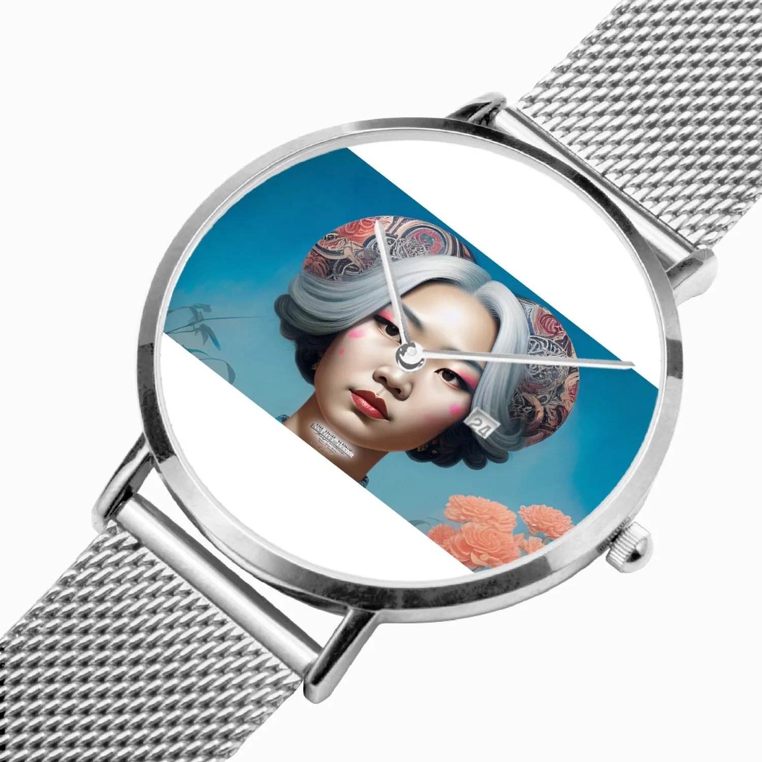 Asian woman clock face Silver grey white hair inspiration Stainless Steel Perpetual Calendar Quartz Watch