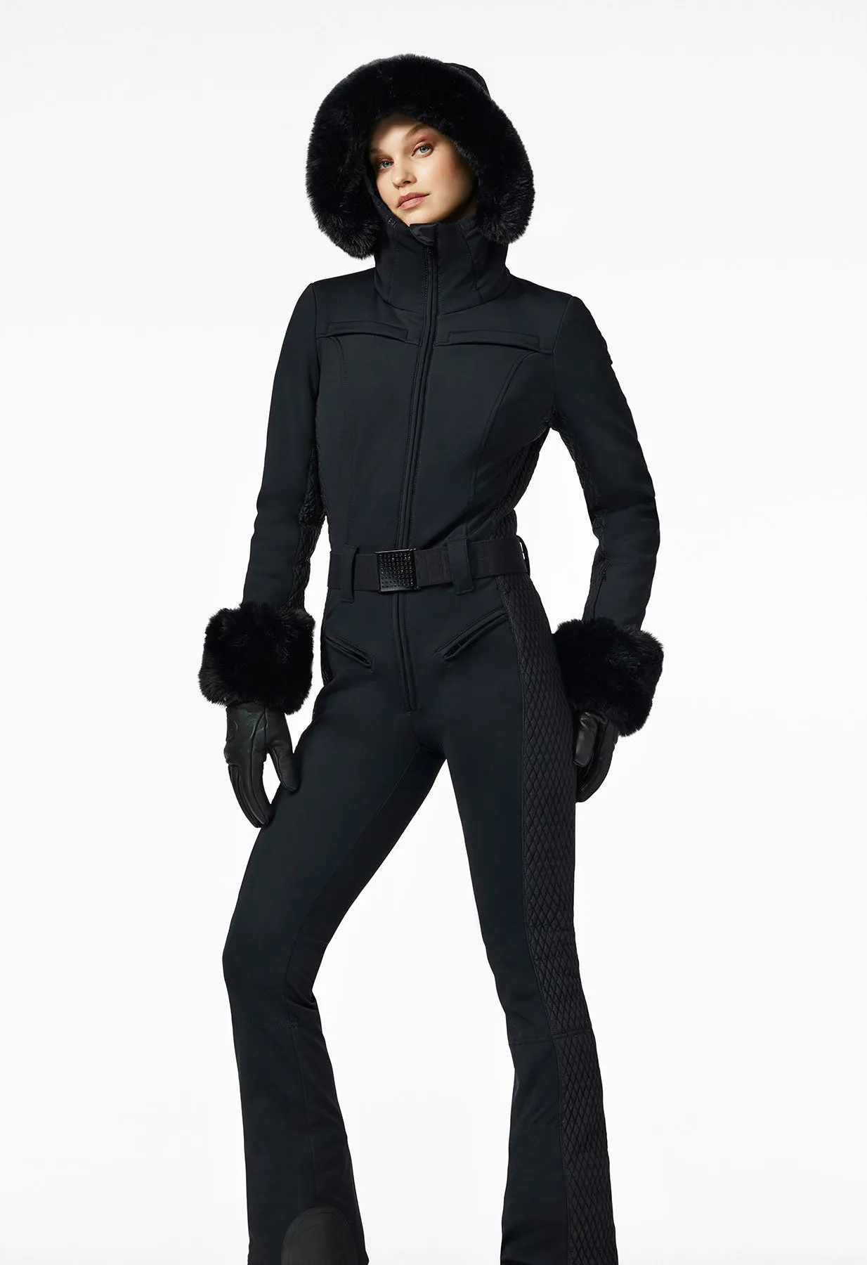 Goldbergh Angele One Piece Ski Suit in Black with Faux Fur Hood and Cuffs