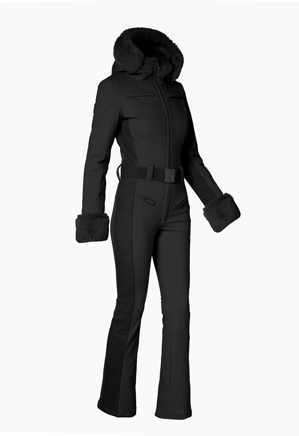 Goldbergh Angele One Piece Ski Suit in Black with Faux Fur Hood and Cuffs