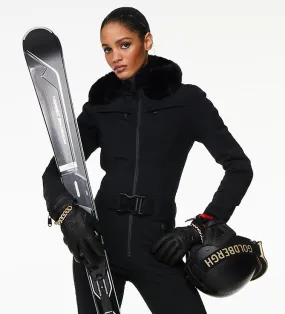 Goldbergh Parry One Piece Longer Length Ski Suit in Black with Fur Hood