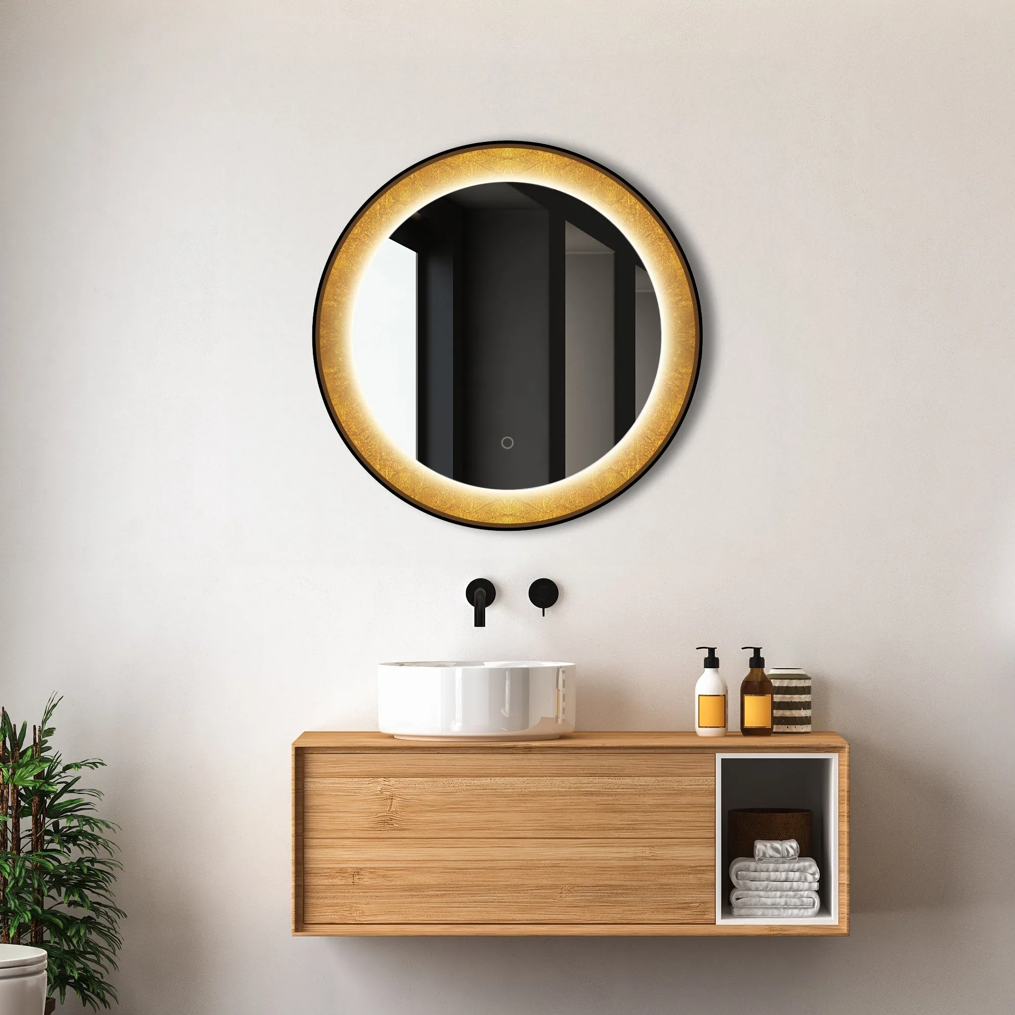 Natalya 30" Round LED Lighted Mirror with Gold Frosted Border