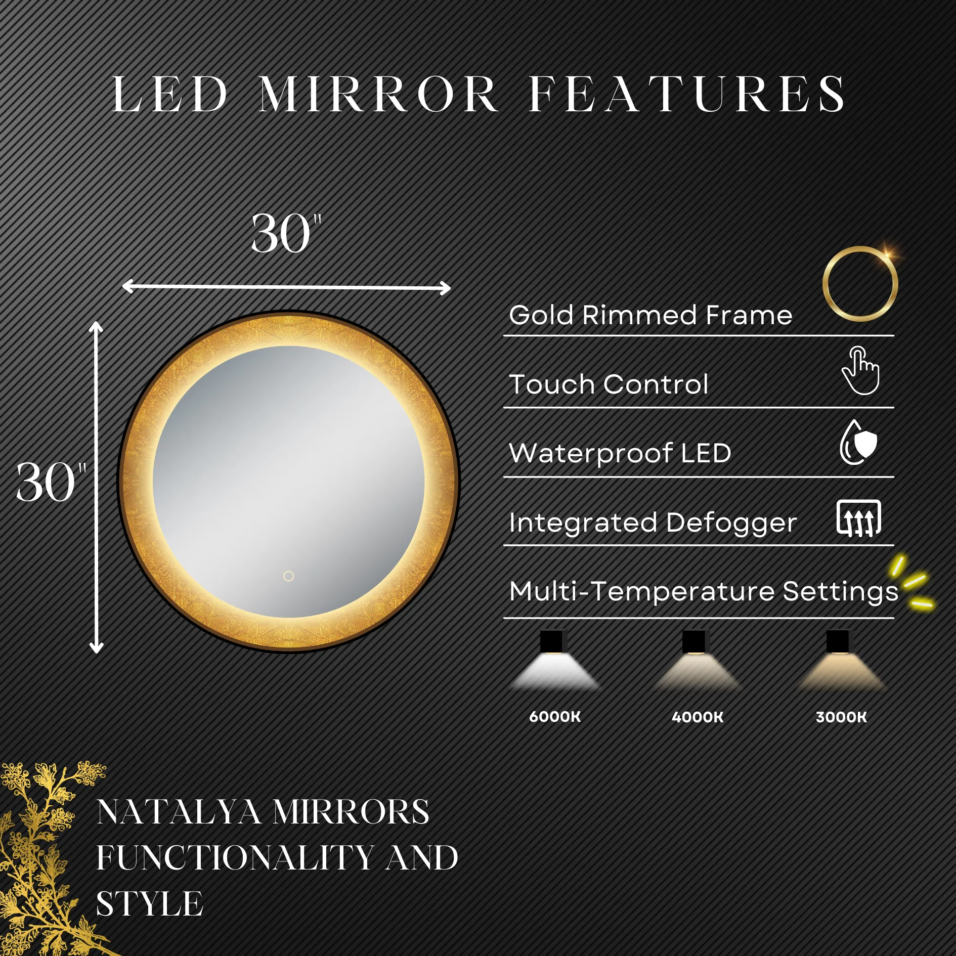 Natalya 30" Round LED Lighted Mirror with Gold Frosted Border