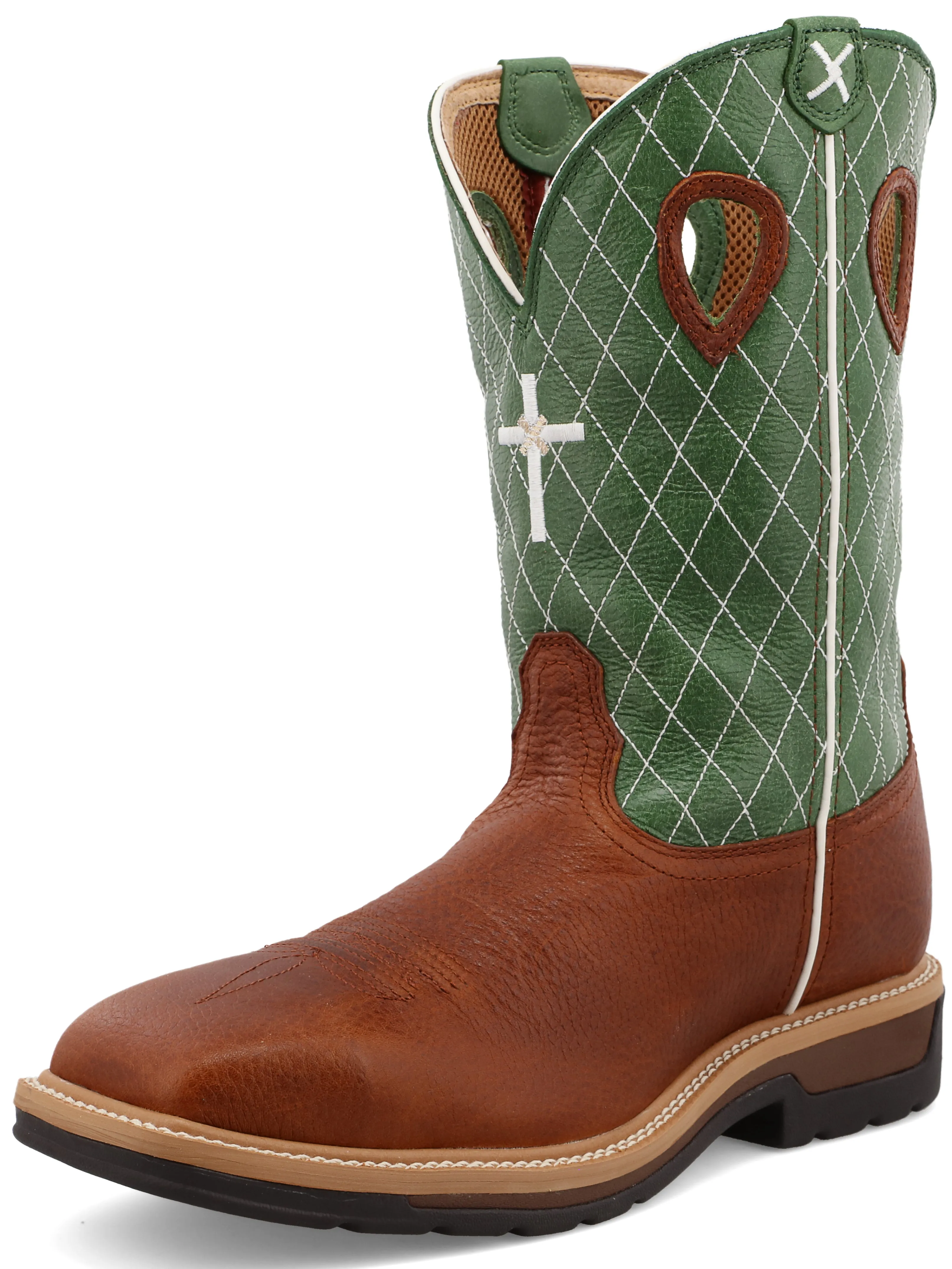 TWISTED X MEN'S (MLCS002) 12" SQUARE STEEL TOE PULL-ON WORK BOOT - Brown w/Green