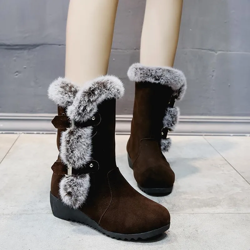 Women buckle straps thick faux fur wedge mid calf snow boots