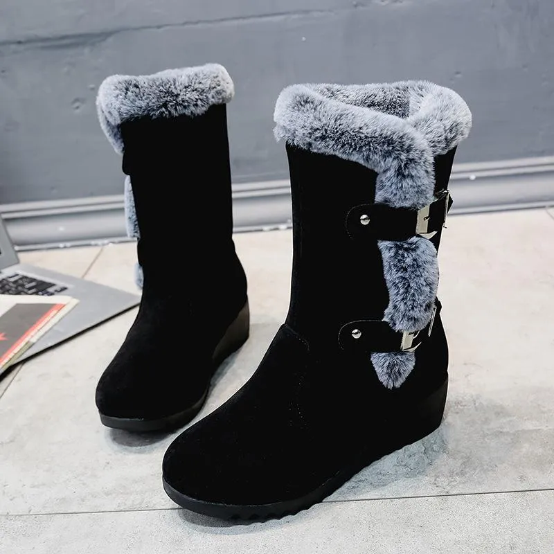 Women buckle straps thick faux fur wedge mid calf snow boots