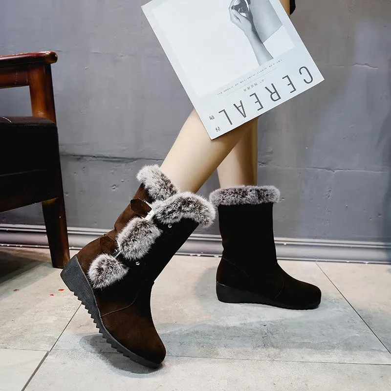 Women buckle straps thick faux fur wedge mid calf snow boots